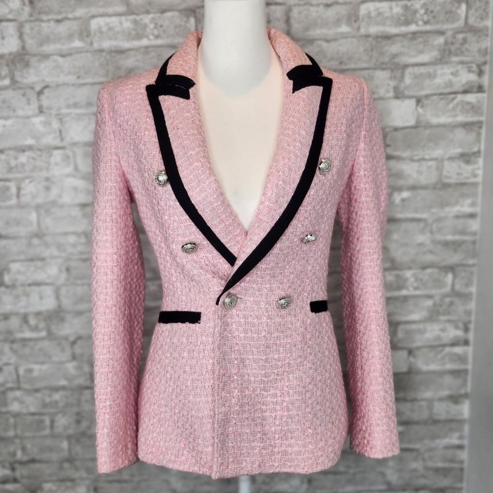 Zara Jacket Pink Tweed Black Velvet Trim Double Breasted Preppy Size S